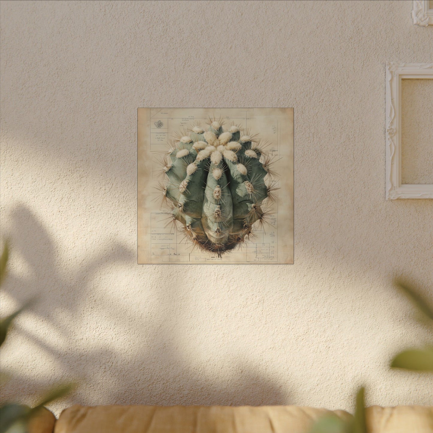 Alternate room view. Canvas print showcasing a detailed Ariocarpus cactus, centered over a hand-drawn botanical blueprint that merges desert textures with scientific precision.
