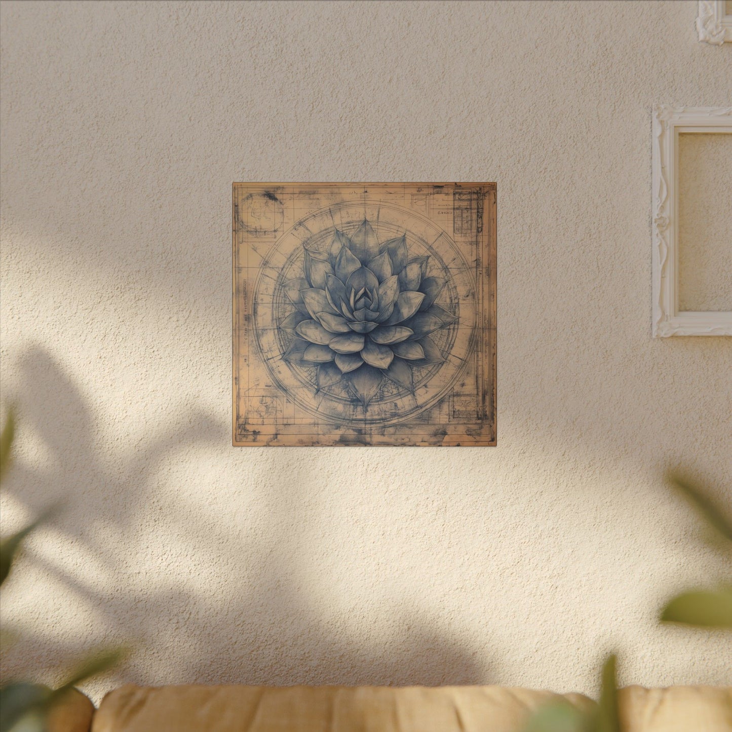 Alternate room view. Vintage-style botanical blueprint of a blue agave cactus in indigo ink, centered in circular technical drawings on aged parchment.