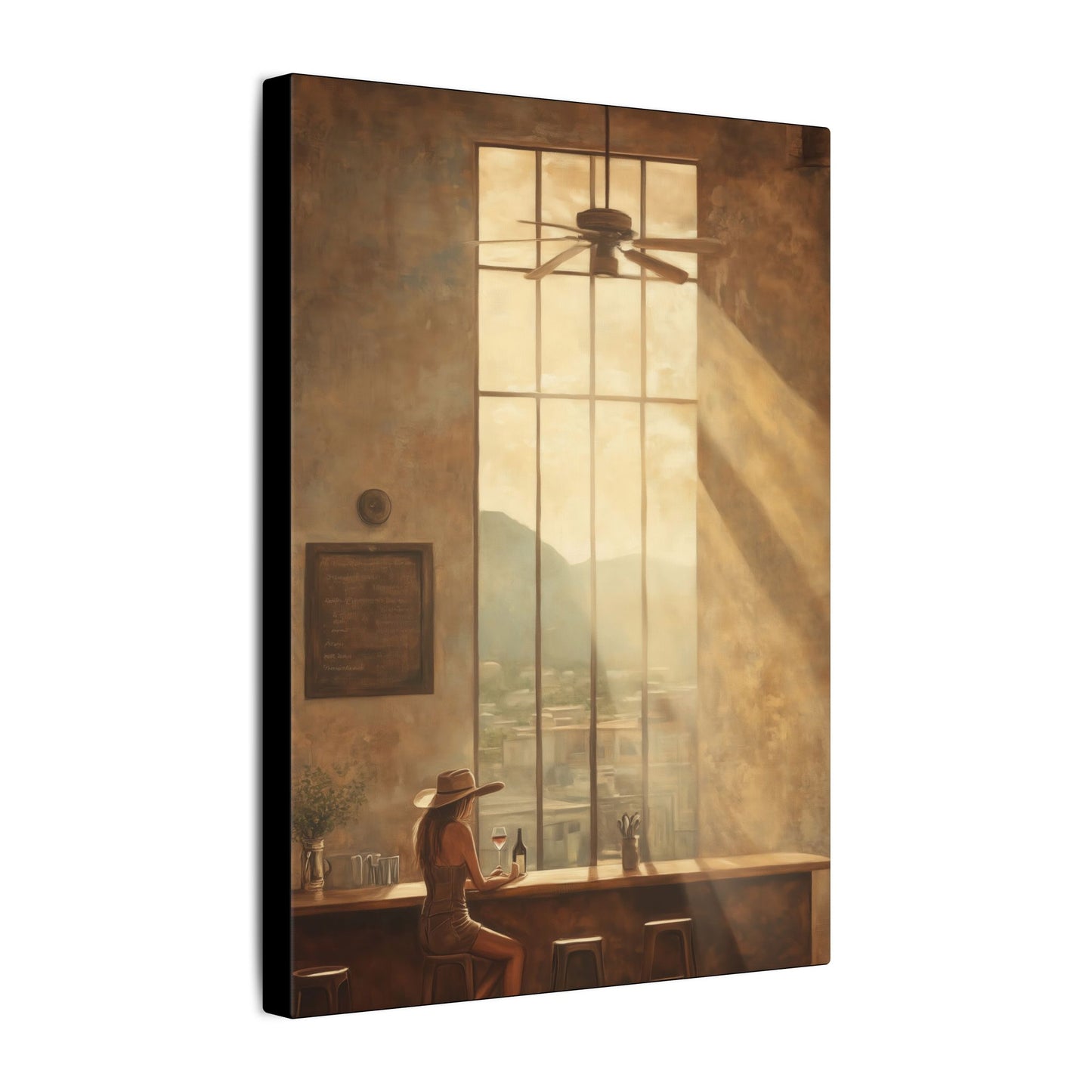 Side view. Canvas print of a woman in a sunhat enjoying a glass of wine at a rustic café window, with golden sunlight streaming in and a Western town view beyond.