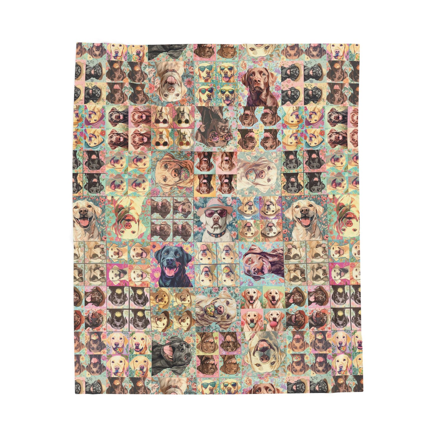 Full view. Pastel Labrador Retriever blanket with floral backgrounds and playful dog faces