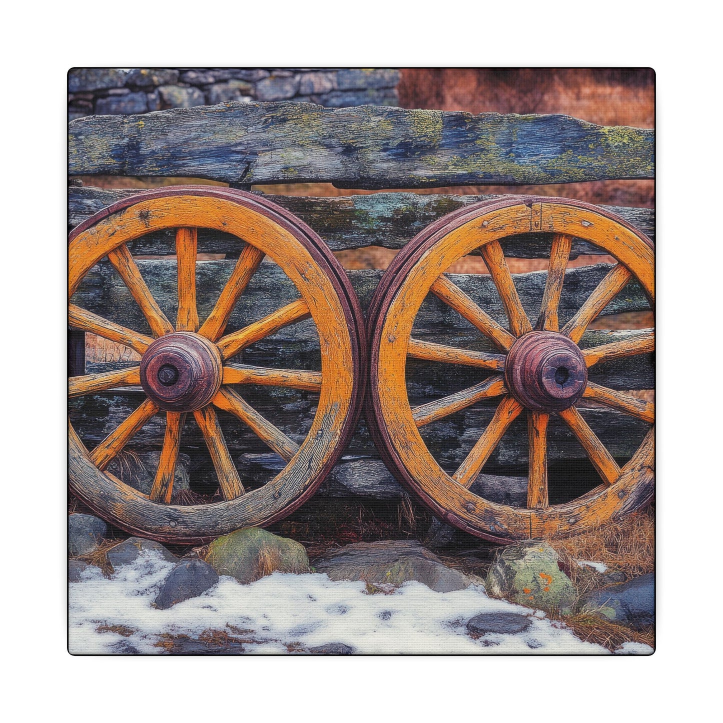 Canvas texture. Canvas print featuring two antique wooden wagon wheels leaning against a rustic fence, with snow and stone in the foreground and rich textures throughout.
