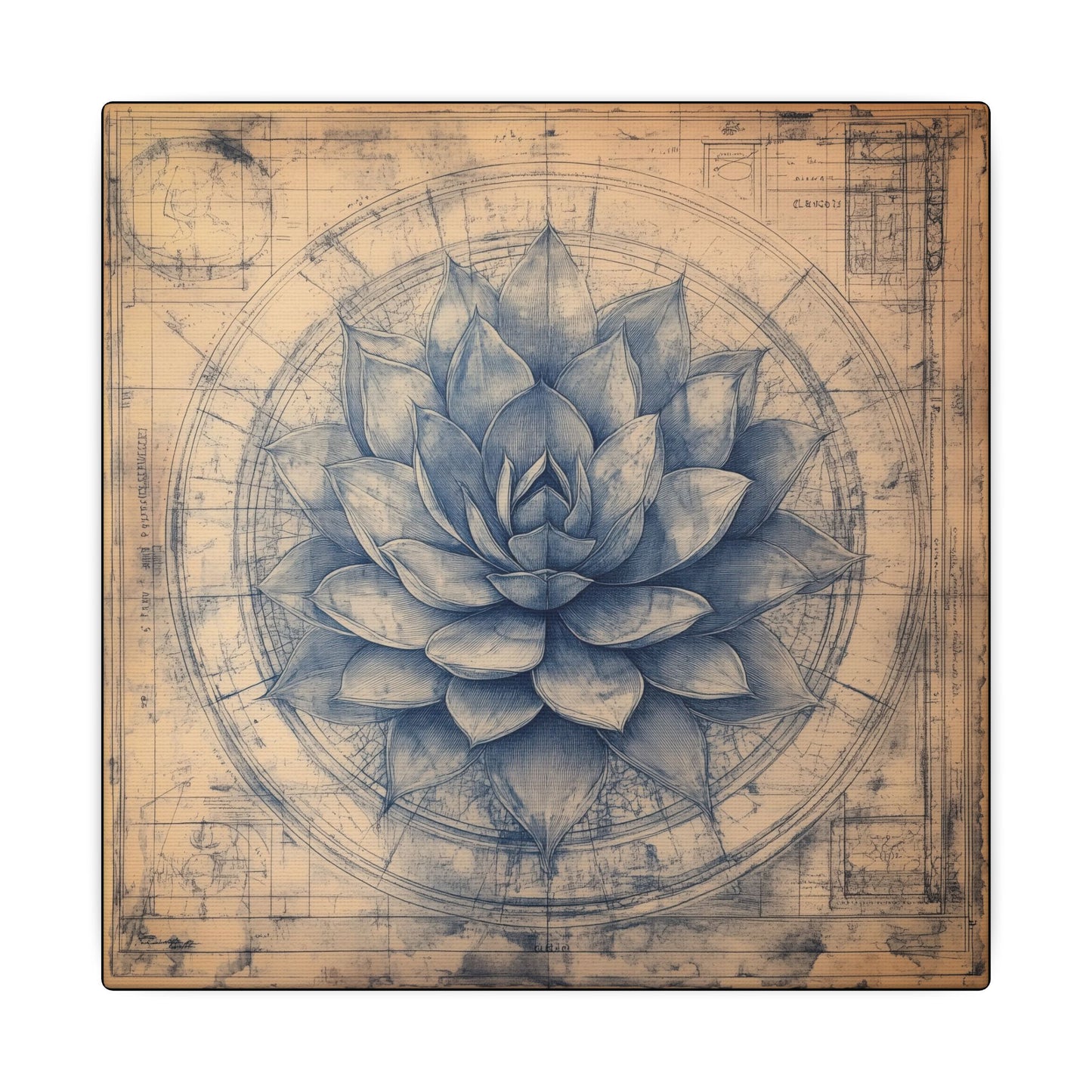 Canvas texture. Vintage-style botanical blueprint of a blue agave cactus in indigo ink, centered in circular technical drawings on aged parchment.