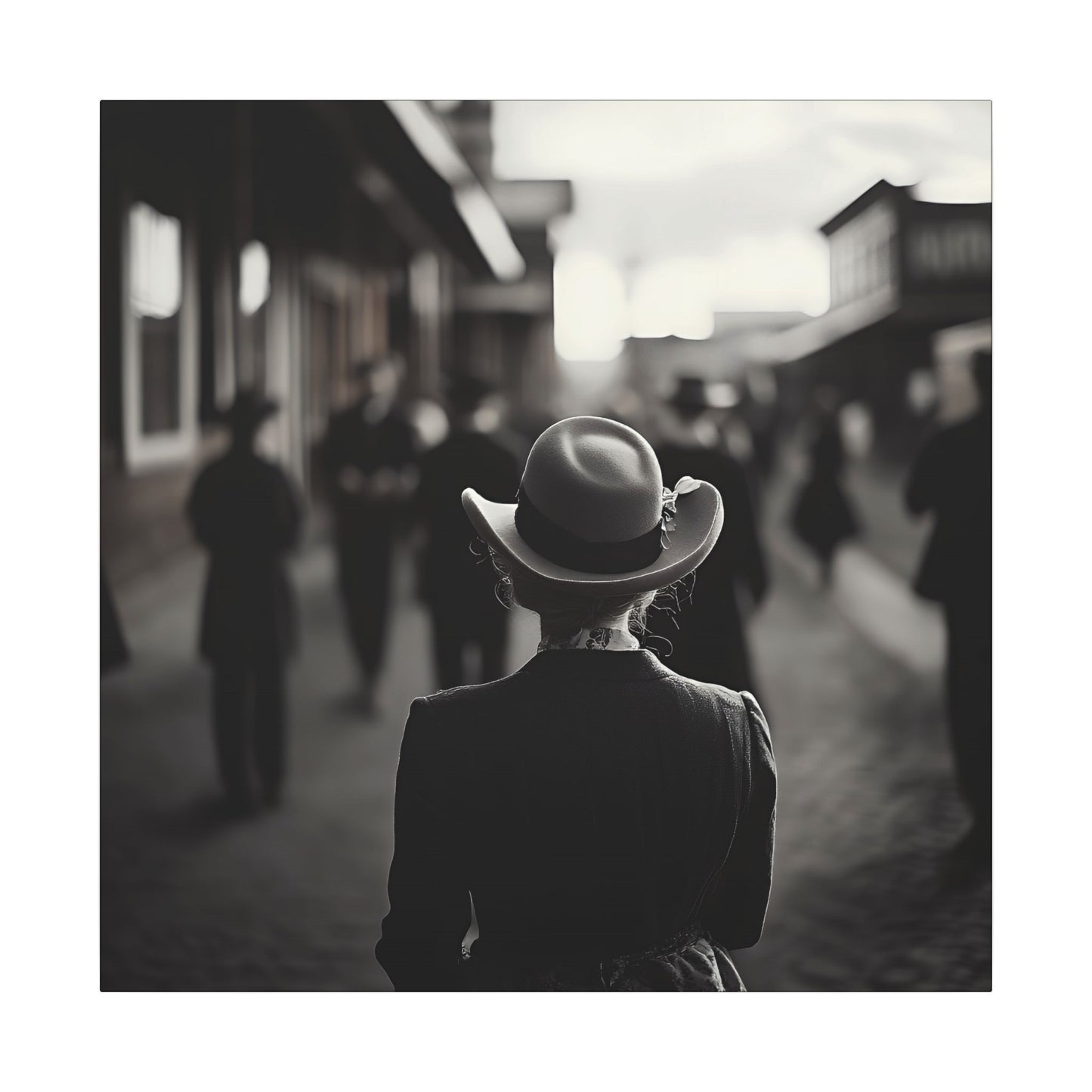 “New in Town” – Black and White Western Street Scene Canvas Print