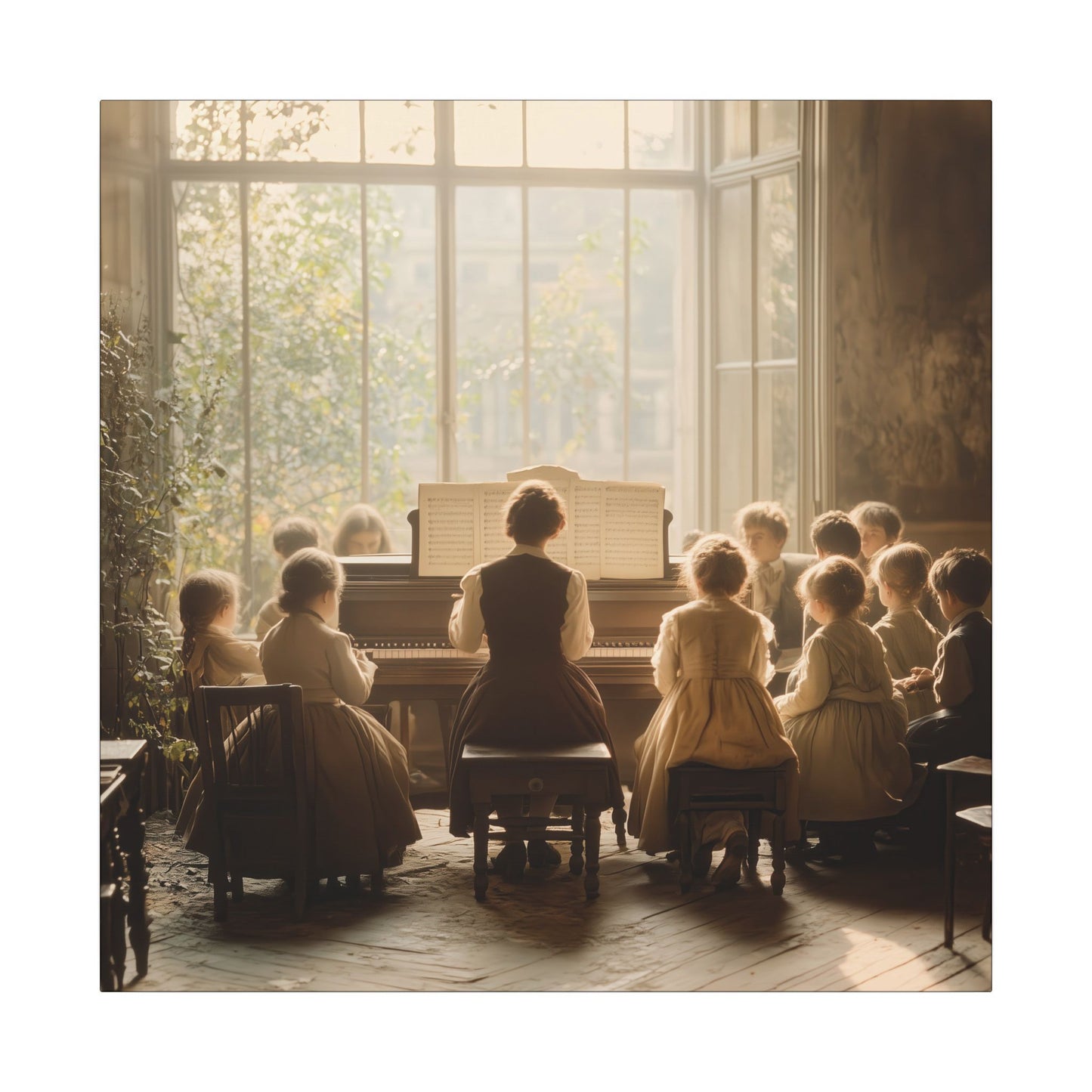 Canvas view. Vintage canvas print of a teacher playing piano for children in a sunlit classroom. A warm, timeless moment filled with music, light, and learning.