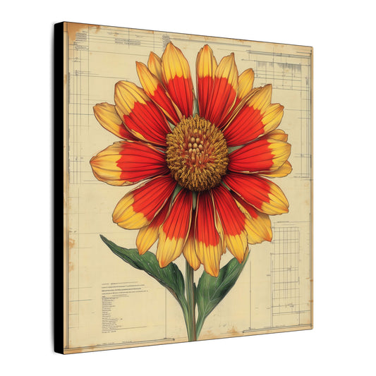 Side view. Canvas print featuring a detailed Indian Blanket wildflower illustration layered over a vintage botanical blueprint, seamlessly combining art, nature, and design.