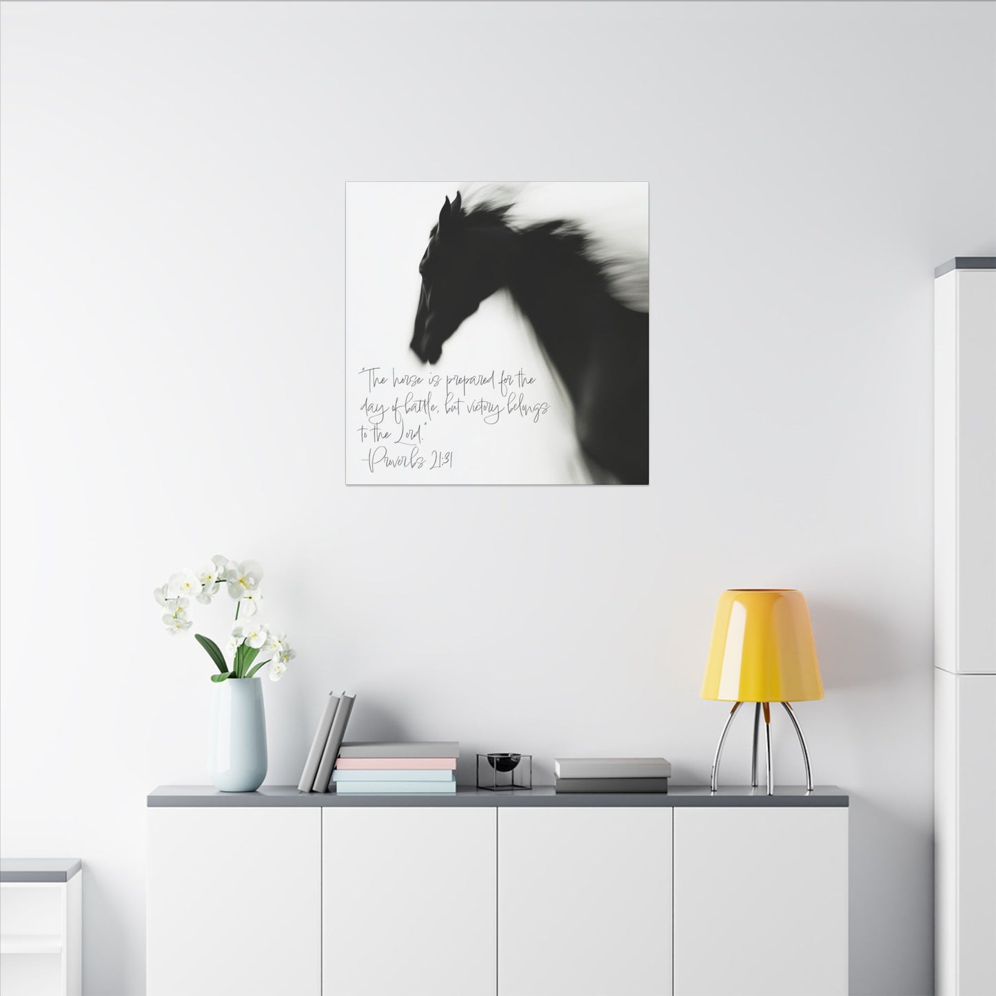Light, airy room view. Black horse in motion with handwritten Proverbs 21:31 Bible verse in black-and-white Western Christian art style.