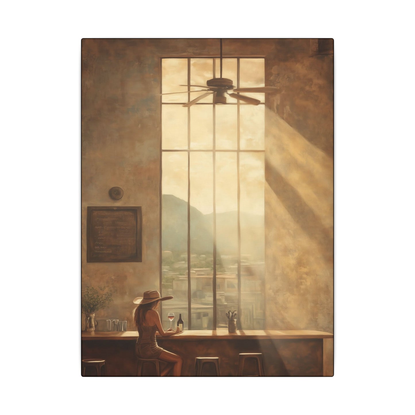 Four sizes. Canvas print of a woman in a sunhat enjoying a glass of wine at a rustic café window, with golden sunlight streaming in and a Western town view beyond.