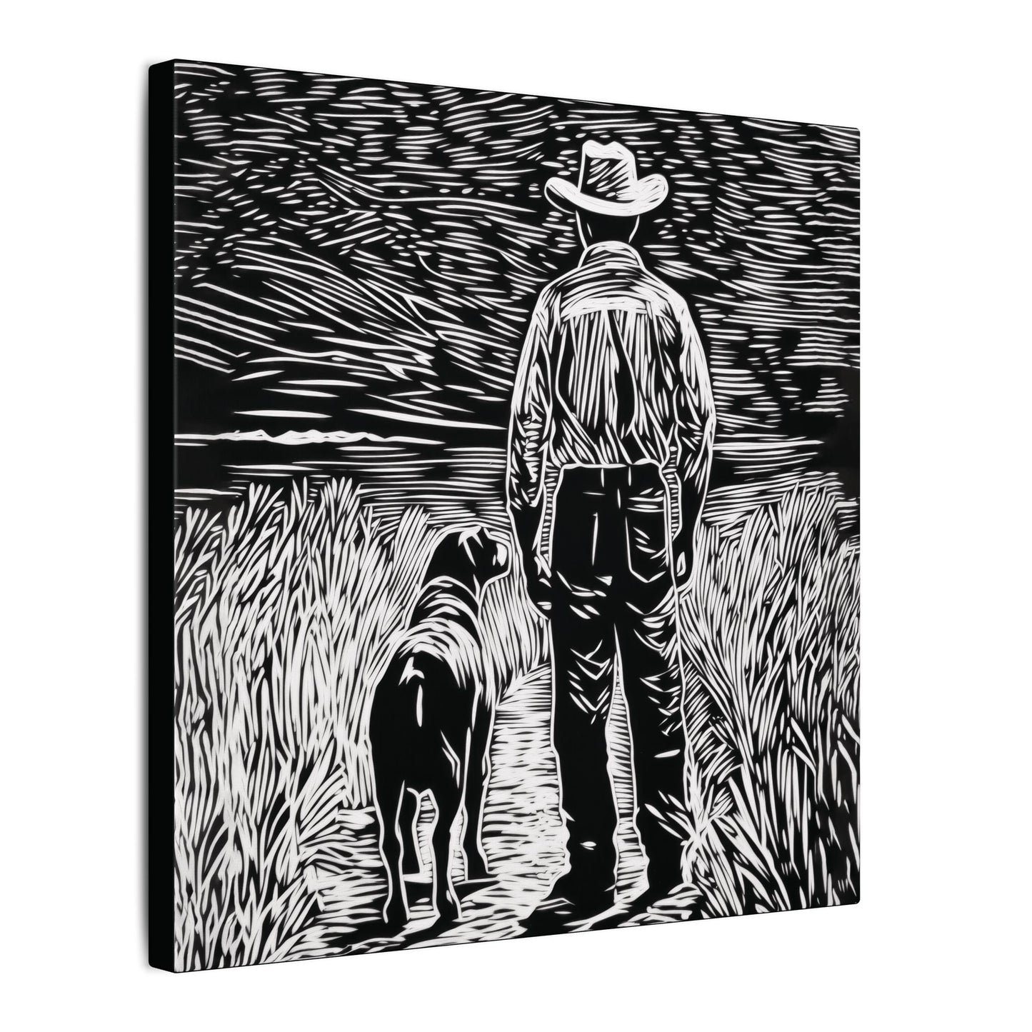 Side view. Canvas print in linocut style showing a cowboy and his dog standing side by side on a country path, gazing toward the horizon in black and white.