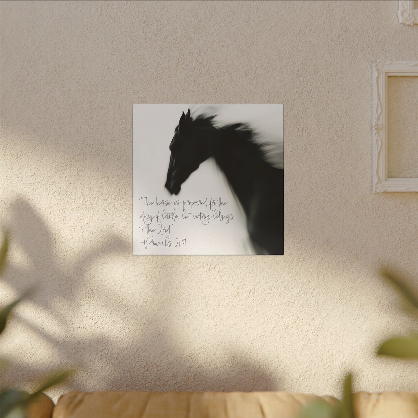 Alternate room view. Black horse in motion with handwritten Proverbs 21:31 Bible verse in black-and-white Western Christian art style.