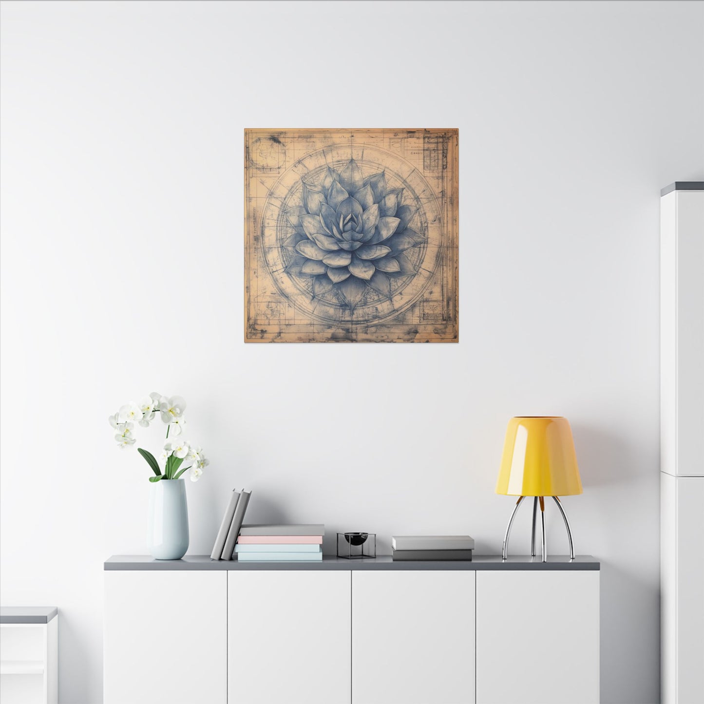 Second Alternate room view. Vintage-style botanical blueprint of a blue agave cactus in indigo ink, centered in circular technical drawings on aged parchment.