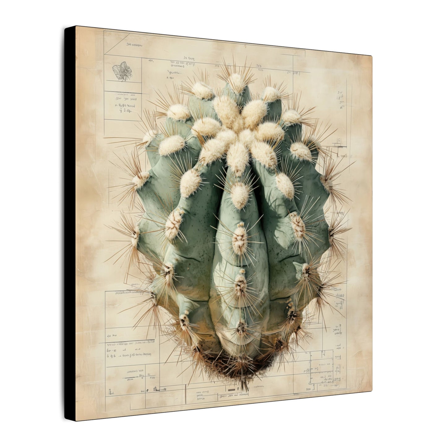 Side view. Canvas print showcasing a detailed Ariocarpus cactus, centered over a hand-drawn botanical blueprint that merges desert textures with scientific precision.