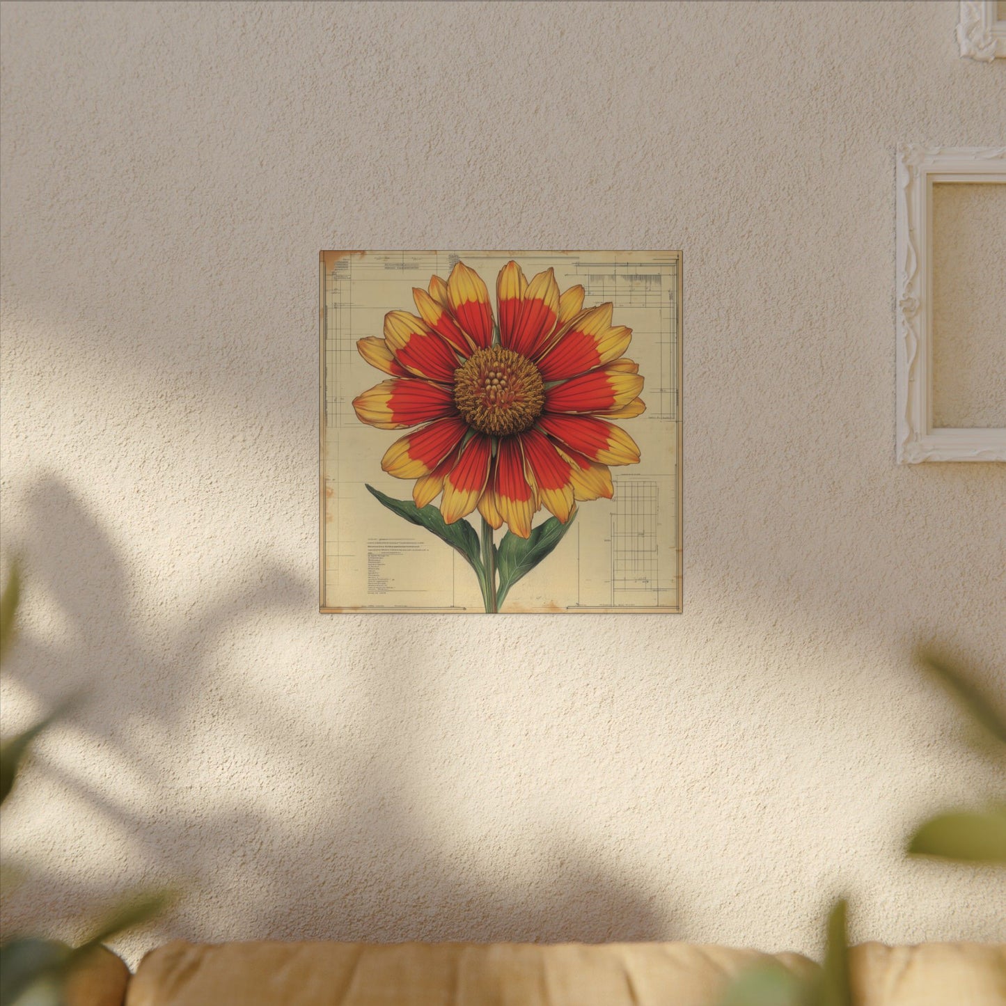Alternate room view.Canvas print featuring a detailed Indian Blanket wildflower illustration layered over a vintage botanical blueprint, seamlessly combining art, nature, and design.