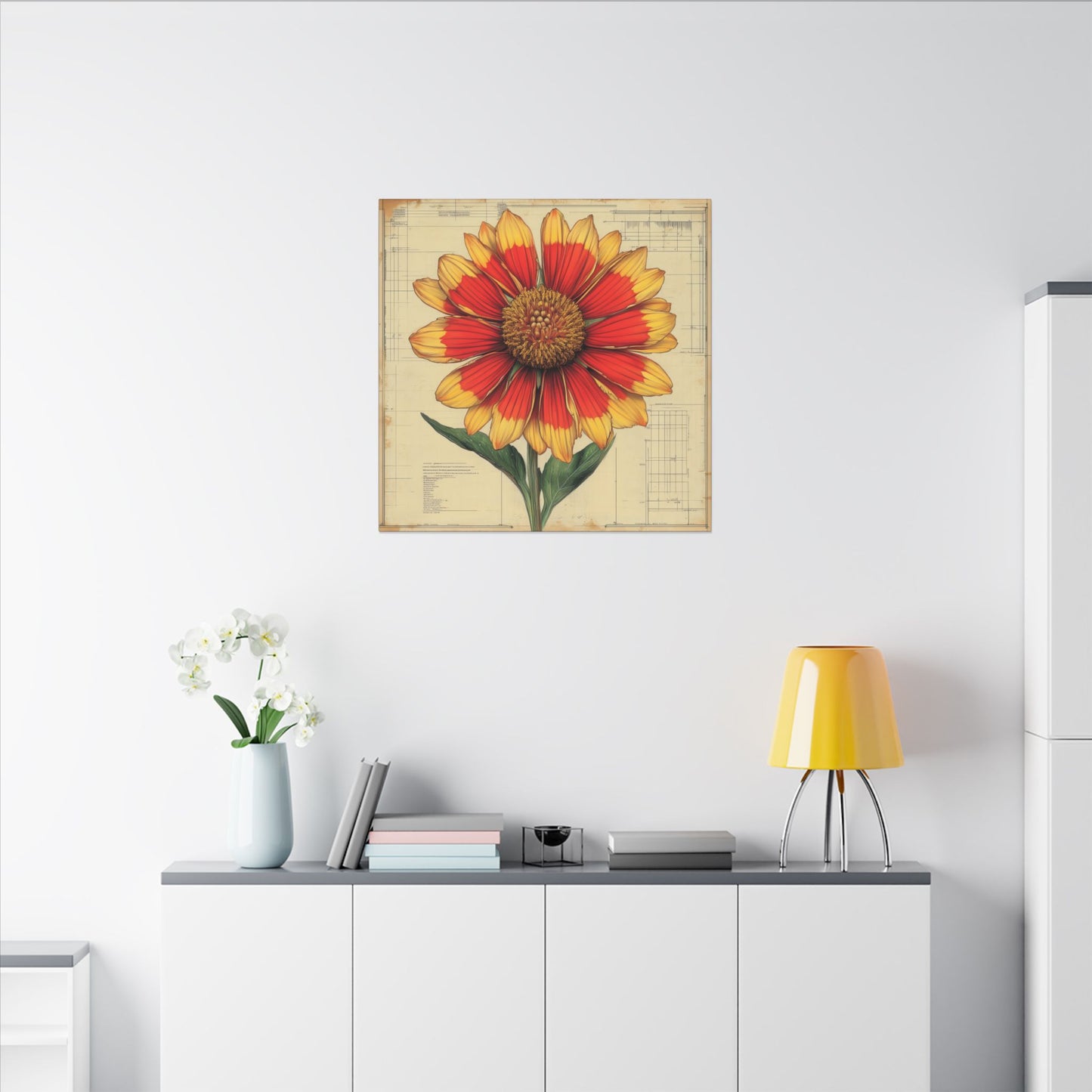 Second alternate room view.Canvas print featuring a detailed Indian Blanket wildflower illustration layered over a vintage botanical blueprint, seamlessly combining art, nature, and design.