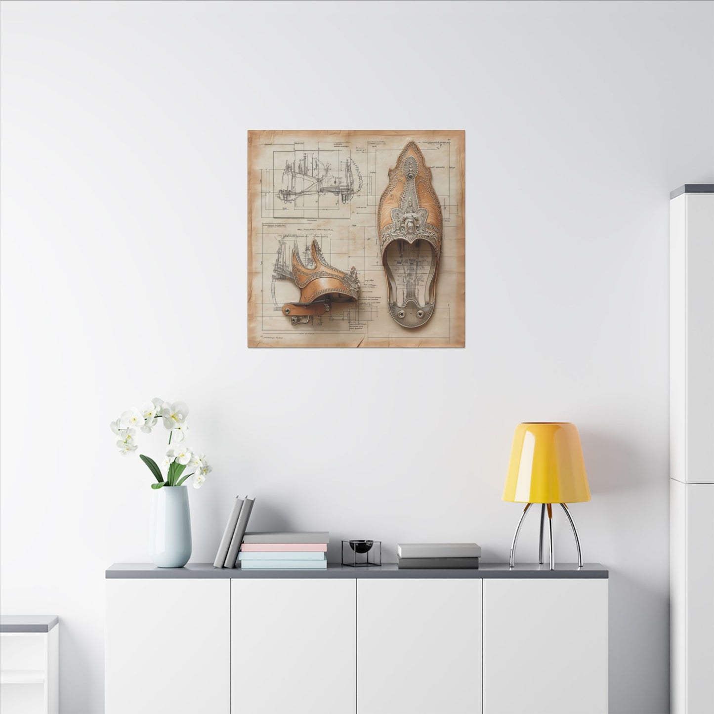 Second alternate room view. Canvas print of handcrafted Western spurs displayed over a detailed patent-style blueprint, blending rustic leatherwork with precise technical illustration.