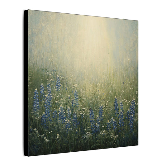 Side view. Canvas print of a sunlit Texas meadow filled with blooming bluebonnets and wildflowers, softly painted in golden morning light.