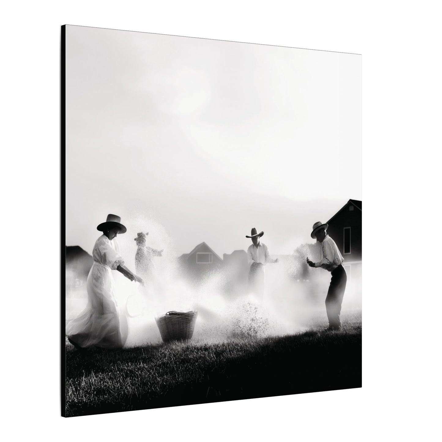 Side view. Canvas print of a Western family joyfully splashing water in a sunlit yard, dressed in prairie-style clothing, captured in black and white.