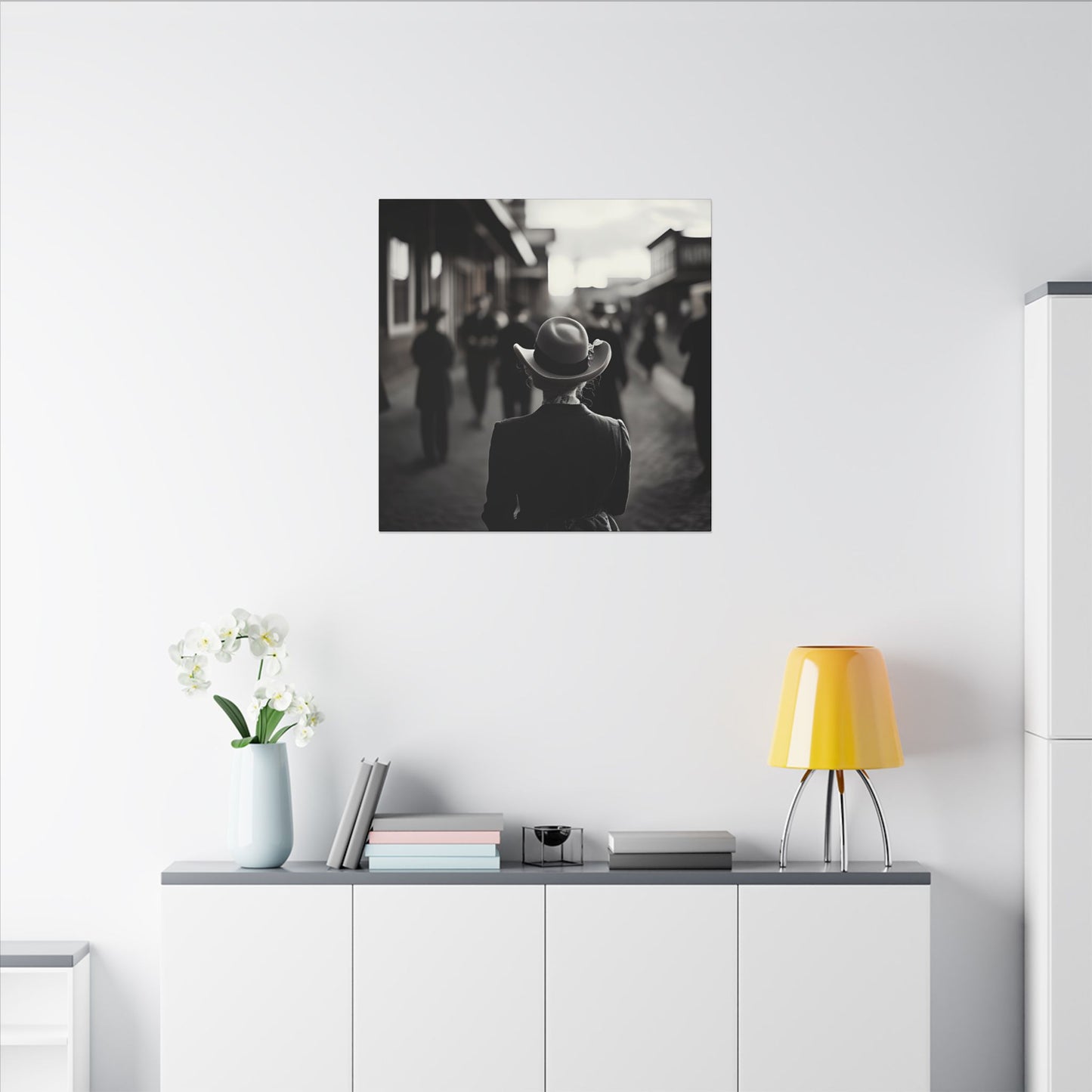 “New in Town” – Black and White Western Street Scene Canvas Print