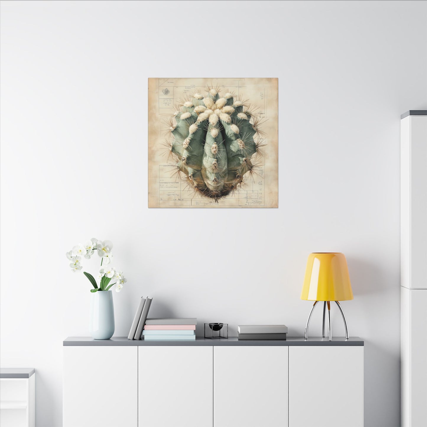 Second alternate room view. Canvas print showcasing a detailed Ariocarpus cactus, centered over a hand-drawn botanical blueprint that merges desert textures with scientific precision.