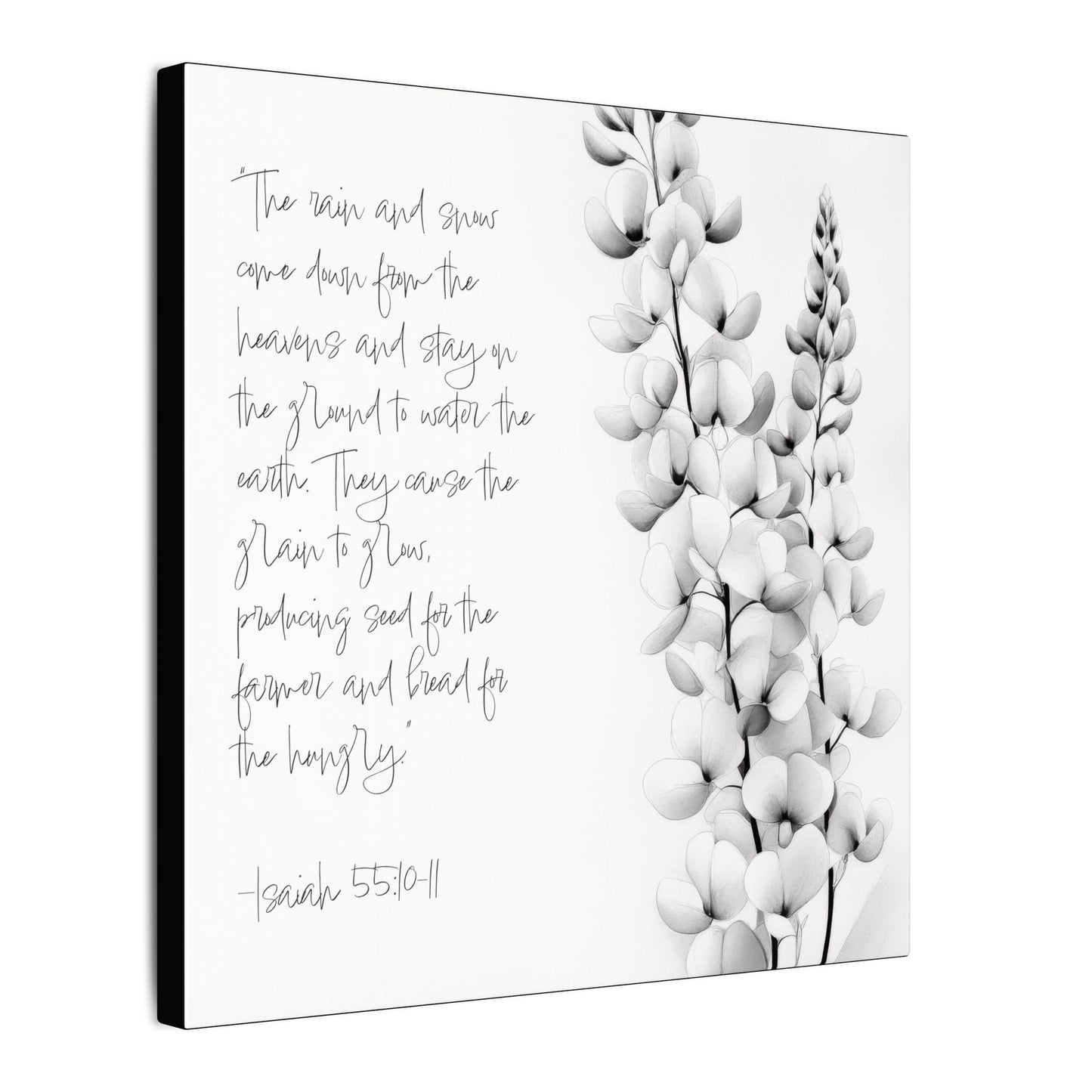 Side view. Canvas print with Isaiah 55:10–11 scripture in handwritten text beside a delicate black-and-white botanical flower sketch.