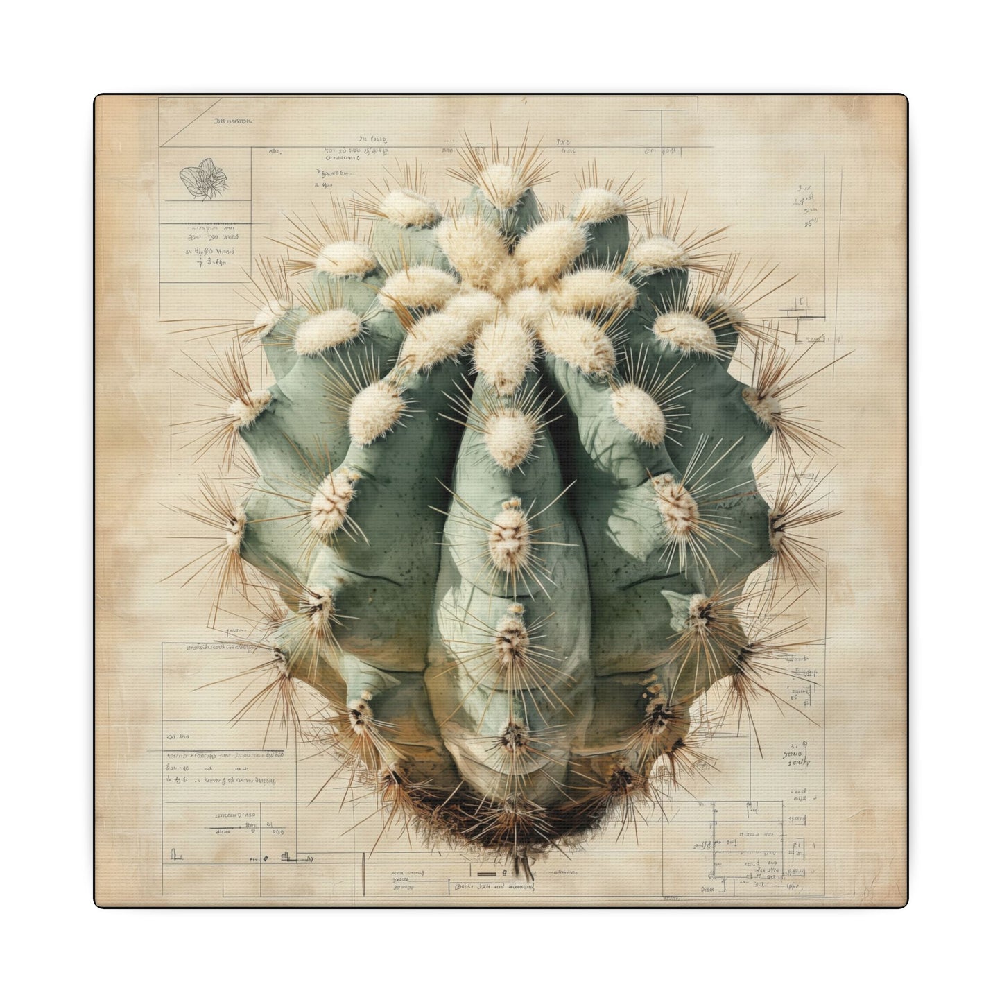 Canvas texture. Canvas print showcasing a detailed Ariocarpus cactus, centered over a hand-drawn botanical blueprint that merges desert textures with scientific precision.