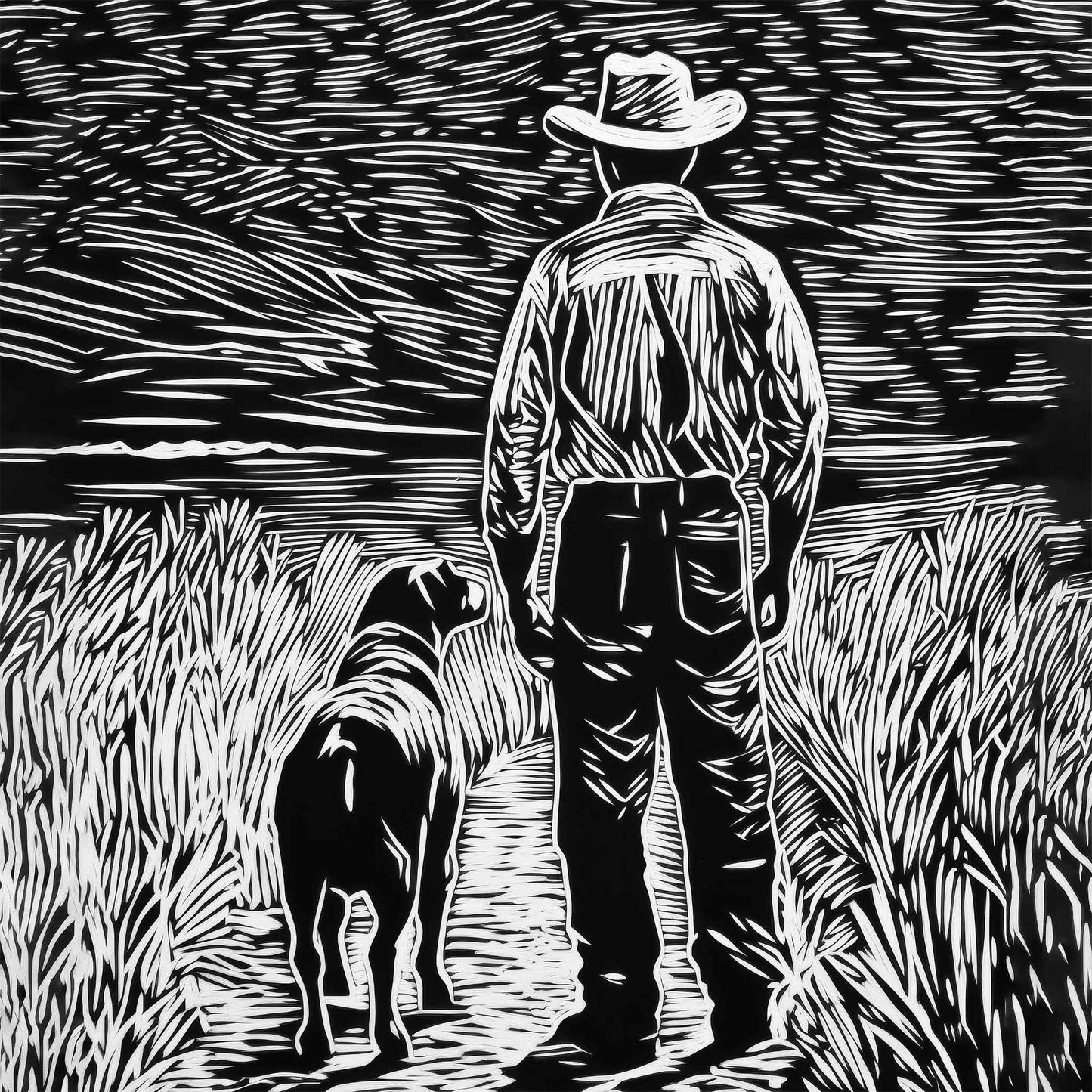 Canvas print in linocut style showing a cowboy and his dog standing side by side on a country path, gazing toward the horizon in black and white.