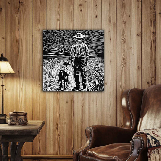 Room view. Canvas print in linocut style showing a cowboy and his dog standing side by side on a country path, gazing toward the horizon in black and white.