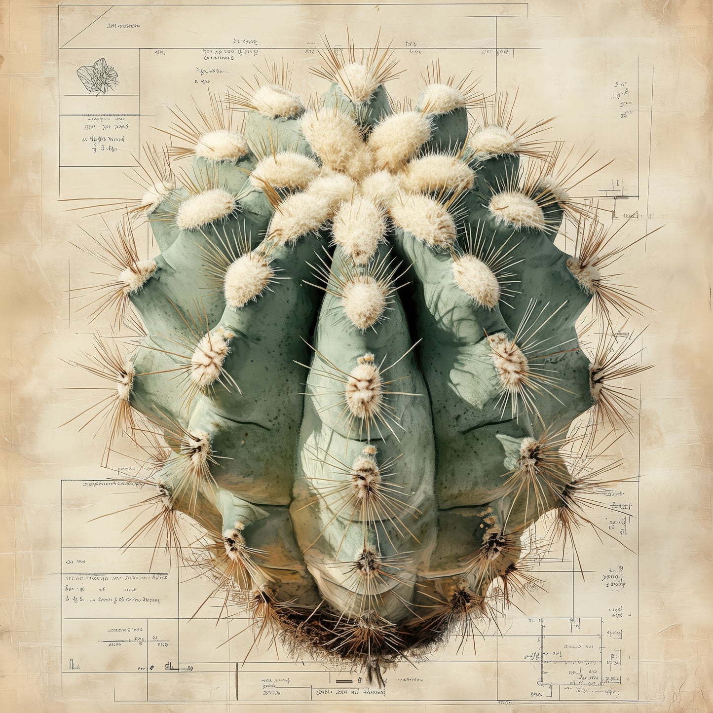 Canvas print showcasing a detailed Ariocarpus cactus, centered over a hand-drawn botanical blueprint that merges desert textures with scientific precision.