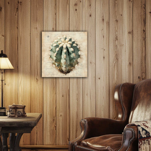 Room view. Canvas print showcasing a detailed Ariocarpus cactus, centered over a hand-drawn botanical blueprint that merges desert textures with scientific precision.