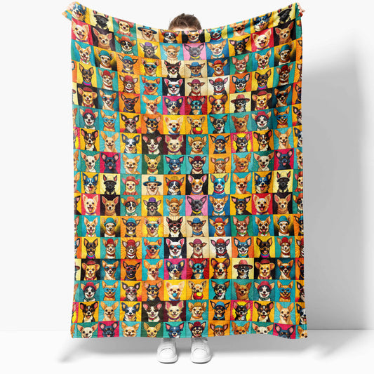 Person holding medium Chihuahua blanket with colorful illustrated portraits and bold backgrounds