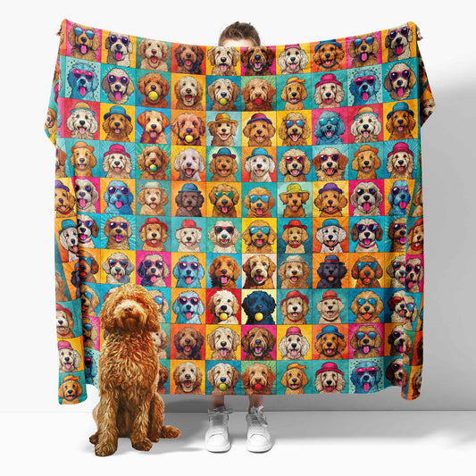 Sherpa blanket featuring colorful illustrated Labradoodles with different expressions, wearing hats and sunglasses or holding tennis balls, arranged in a comic-style patchwork layout