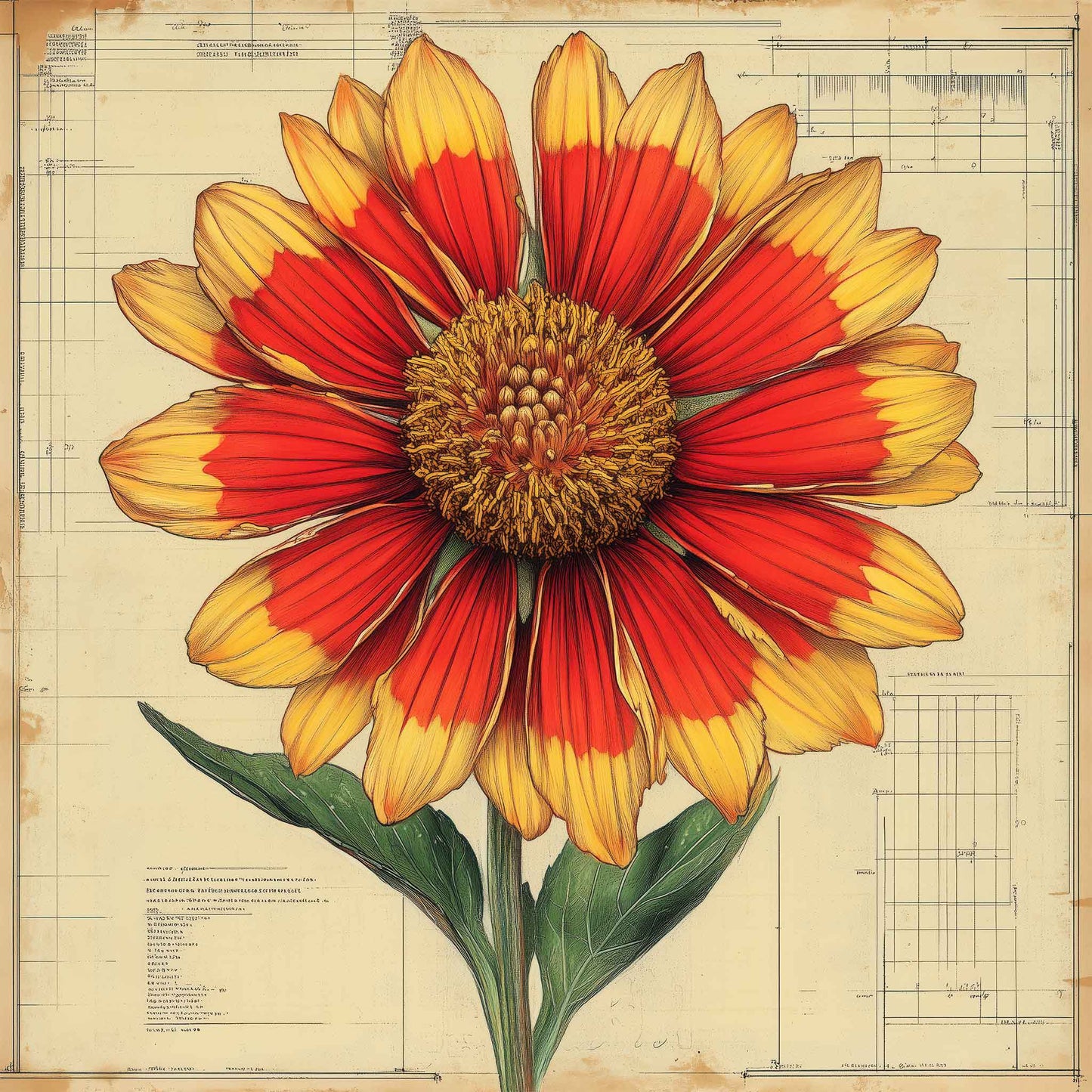 Canvas print featuring a detailed Indian Blanket wildflower illustration layered over a vintage botanical blueprint, seamlessly combining art, nature, and design.