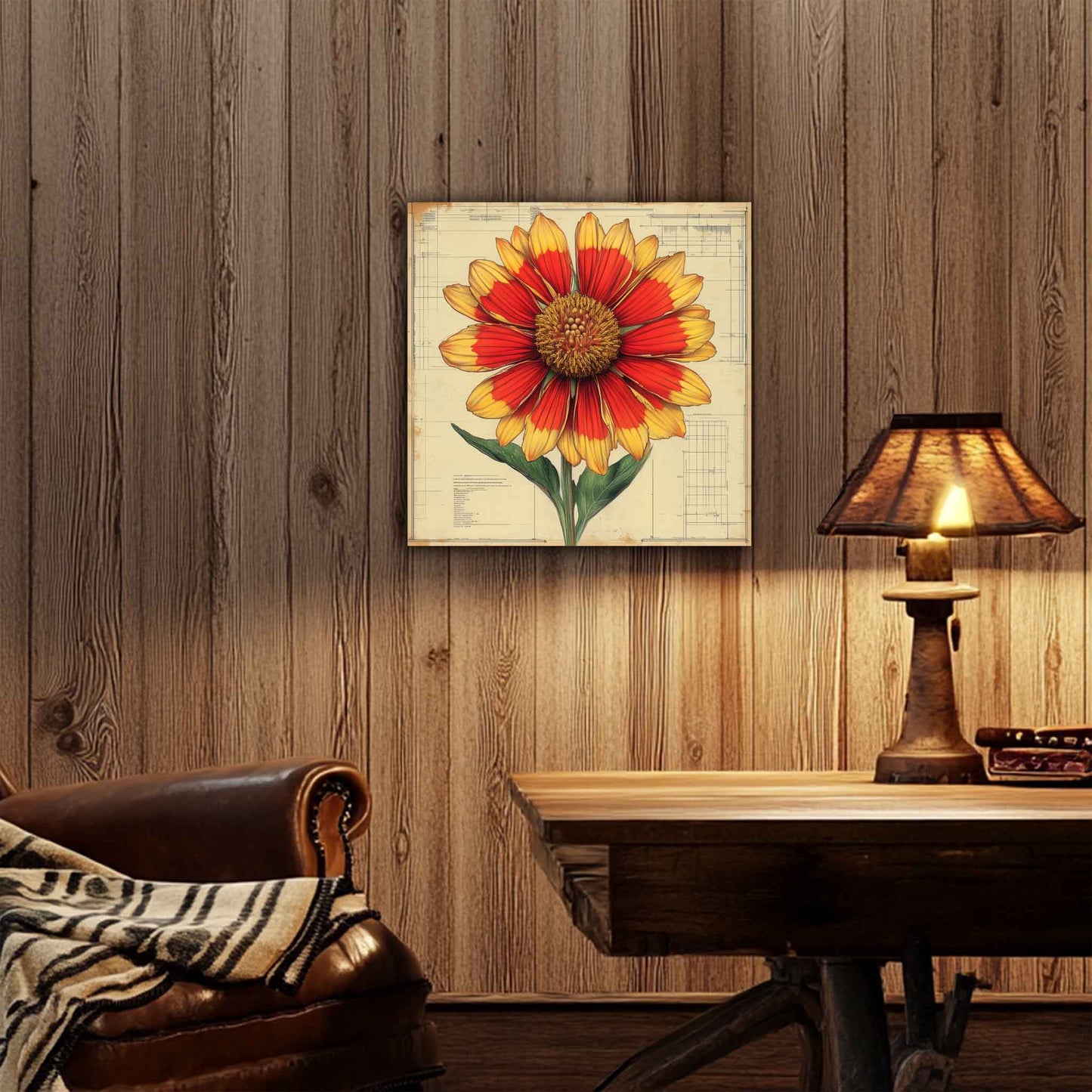 Room view. Canvas print featuring a detailed Indian Blanket wildflower illustration layered over a vintage botanical blueprint, seamlessly combining art, nature, and design.