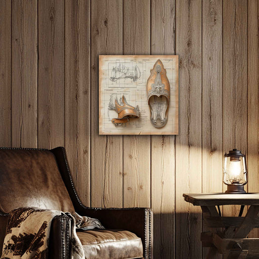 Room view. Canvas print of handcrafted Western spurs displayed over a detailed patent-style blueprint, blending rustic leatherwork with precise technical illustration.