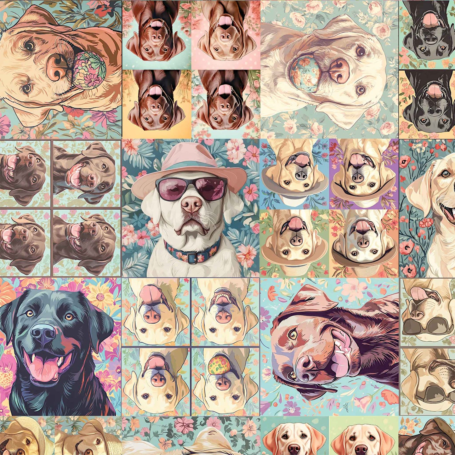 Pastel Labrador Retriever blanket with floral backgrounds and playful dog faces