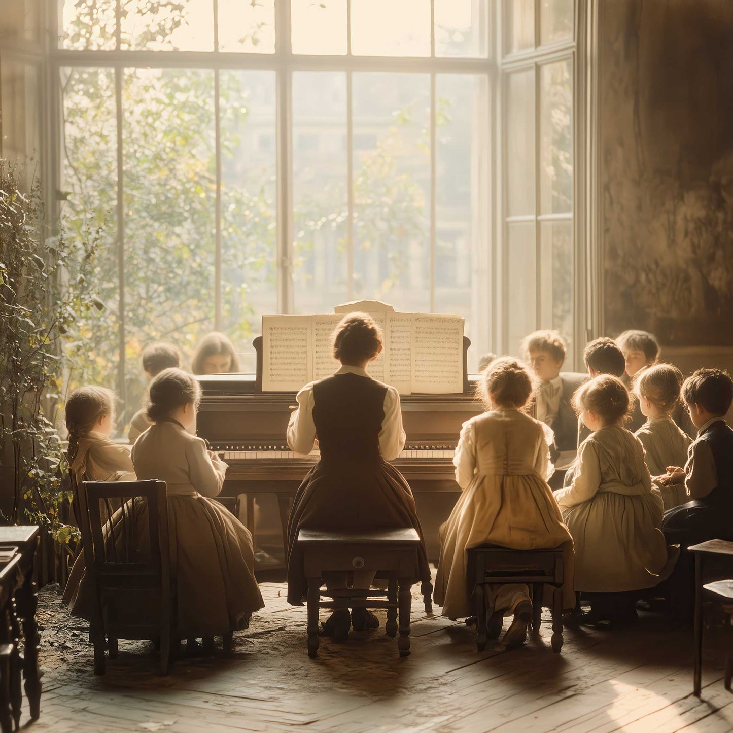 Vintage canvas print of a teacher playing piano for children in a sunlit classroom. A warm, timeless moment filled with music, light, and learning.