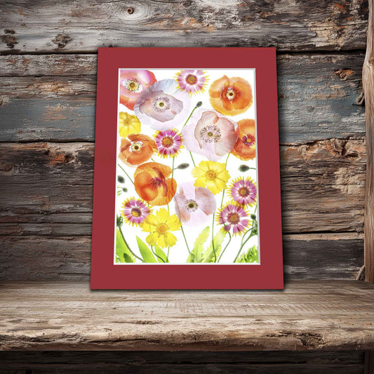 Miro mat in room. Colorful botanical photo featuring orange poppies, yellow coreopsis, and pink gaillardia flowers on a white background.