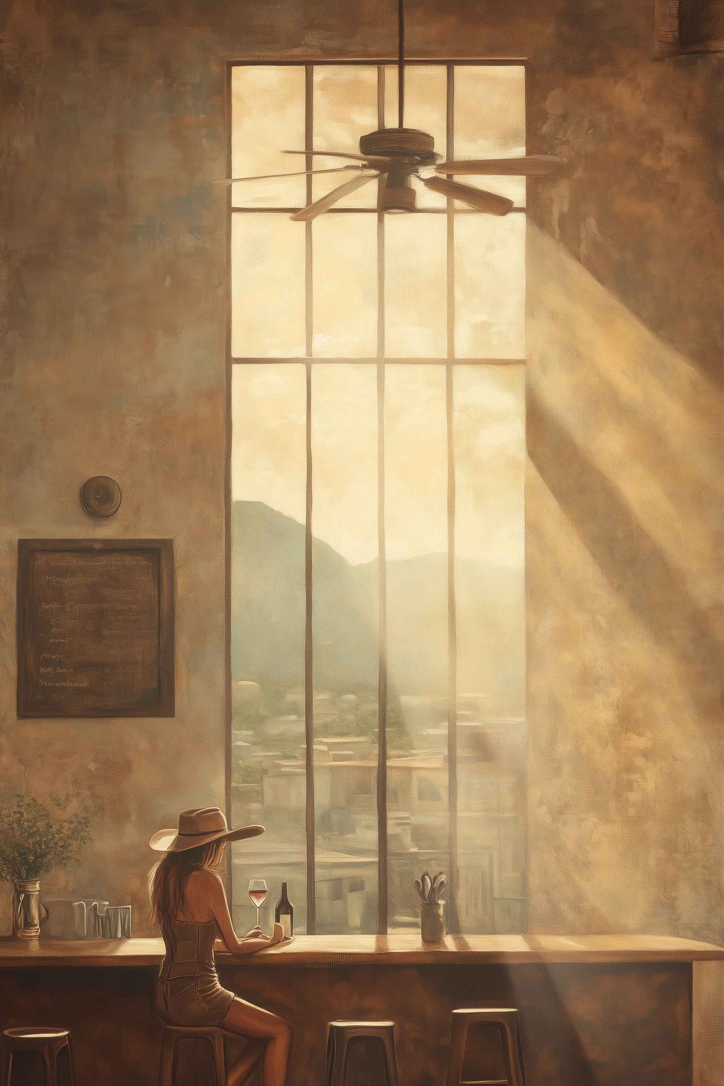 Canvas print of a woman in a sunhat enjoying a glass of wine at a rustic café window, with golden sunlight streaming in and a Western town view beyond.