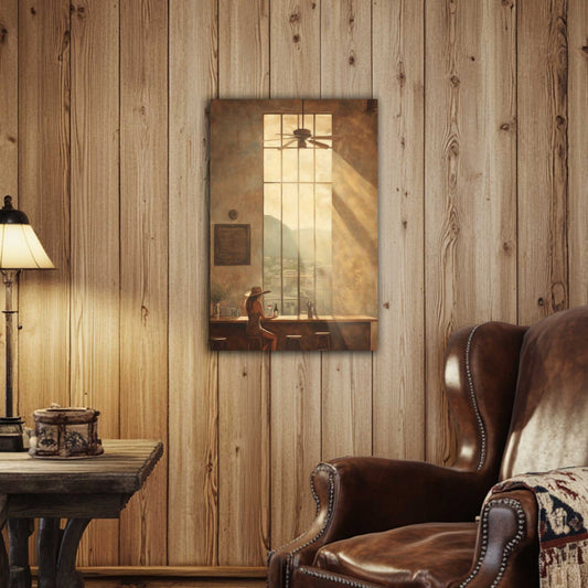 Room view. Canvas print of a woman in a sunhat enjoying a glass of wine at a rustic café window, with golden sunlight streaming in and a Western town view beyond.