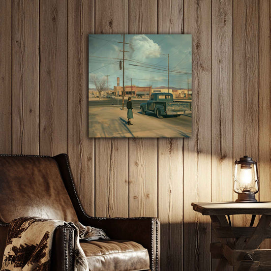 Room view. Canvas print of a woman standing on a sidewalk beside a vintage green pickup truck in a quiet Western town, with wide skies and distant mountains.