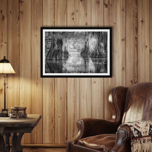 Black frame, shown in room, Black and white photo of Bald Cypress trees reflected in the still waters of Old Mill Pond at sunrise in Caddo Lake, Deep East Texas.