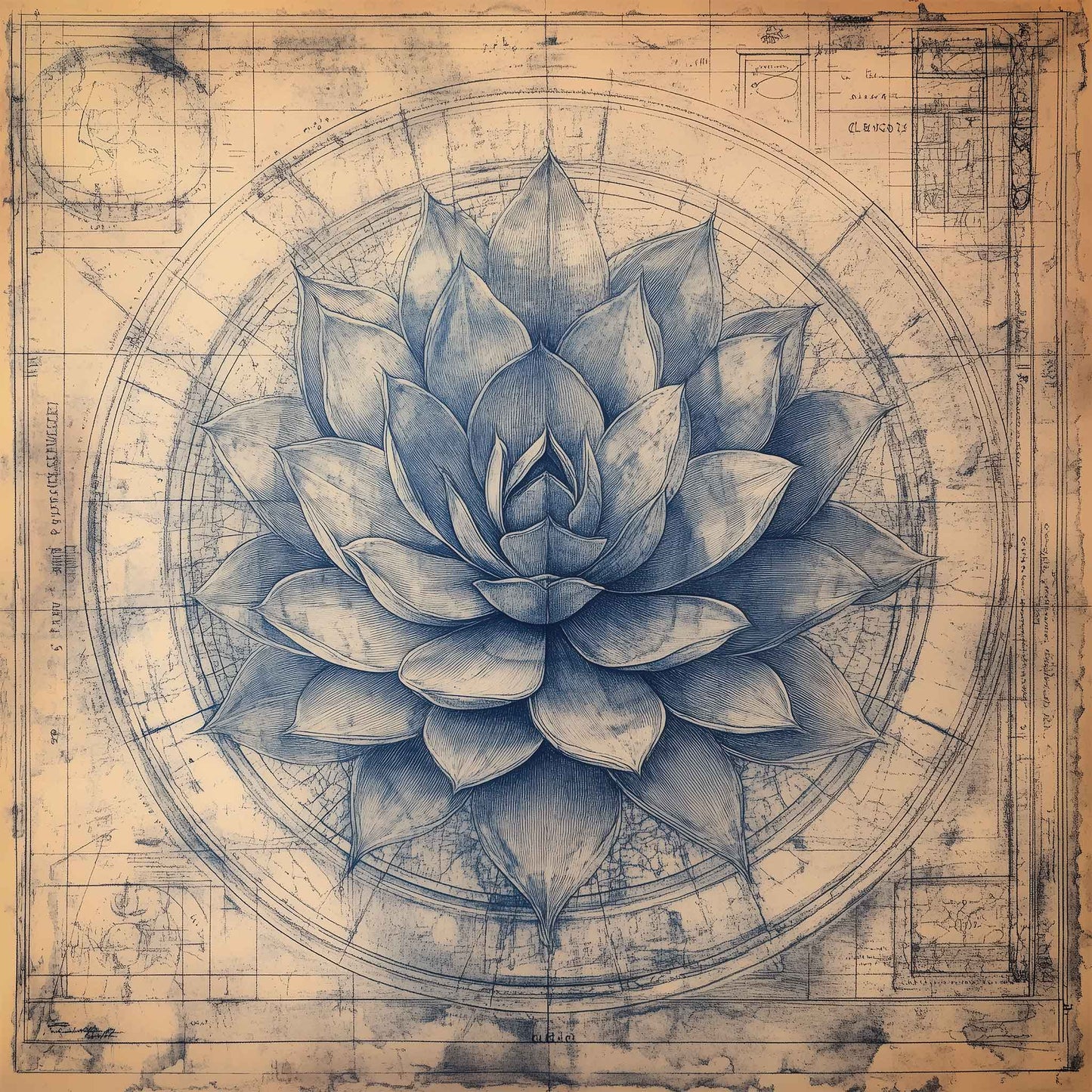 Vintage-style botanical blueprint of a blue agave cactus in indigo ink, centered in circular technical drawings on aged parchment.