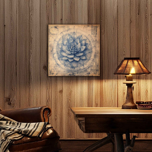 Room view. Vintage-style botanical blueprint of a blue agave cactus in indigo ink, centered in circular technical drawings on aged parchment.