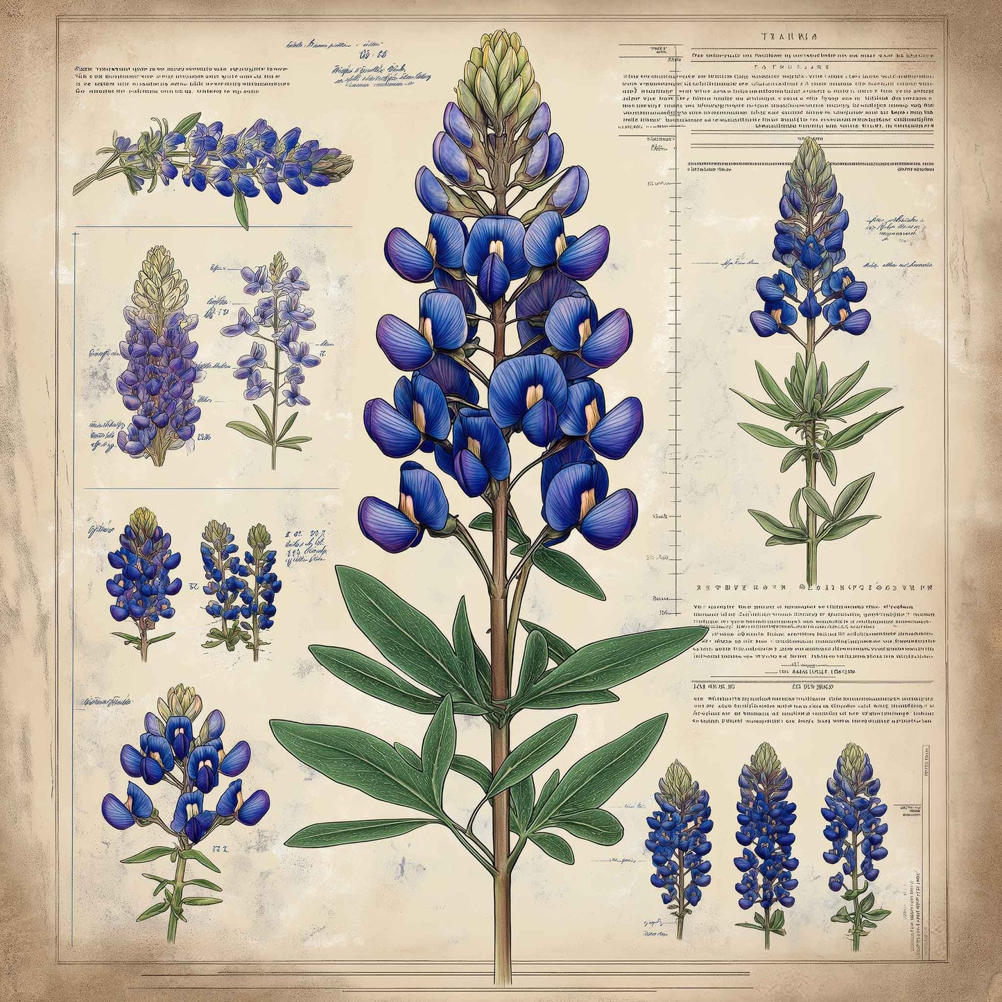 Vintage botanical illustration of a Texas bluebonnet flower on canvas, showing detailed sketches and scientific notes in soft parchment tones.