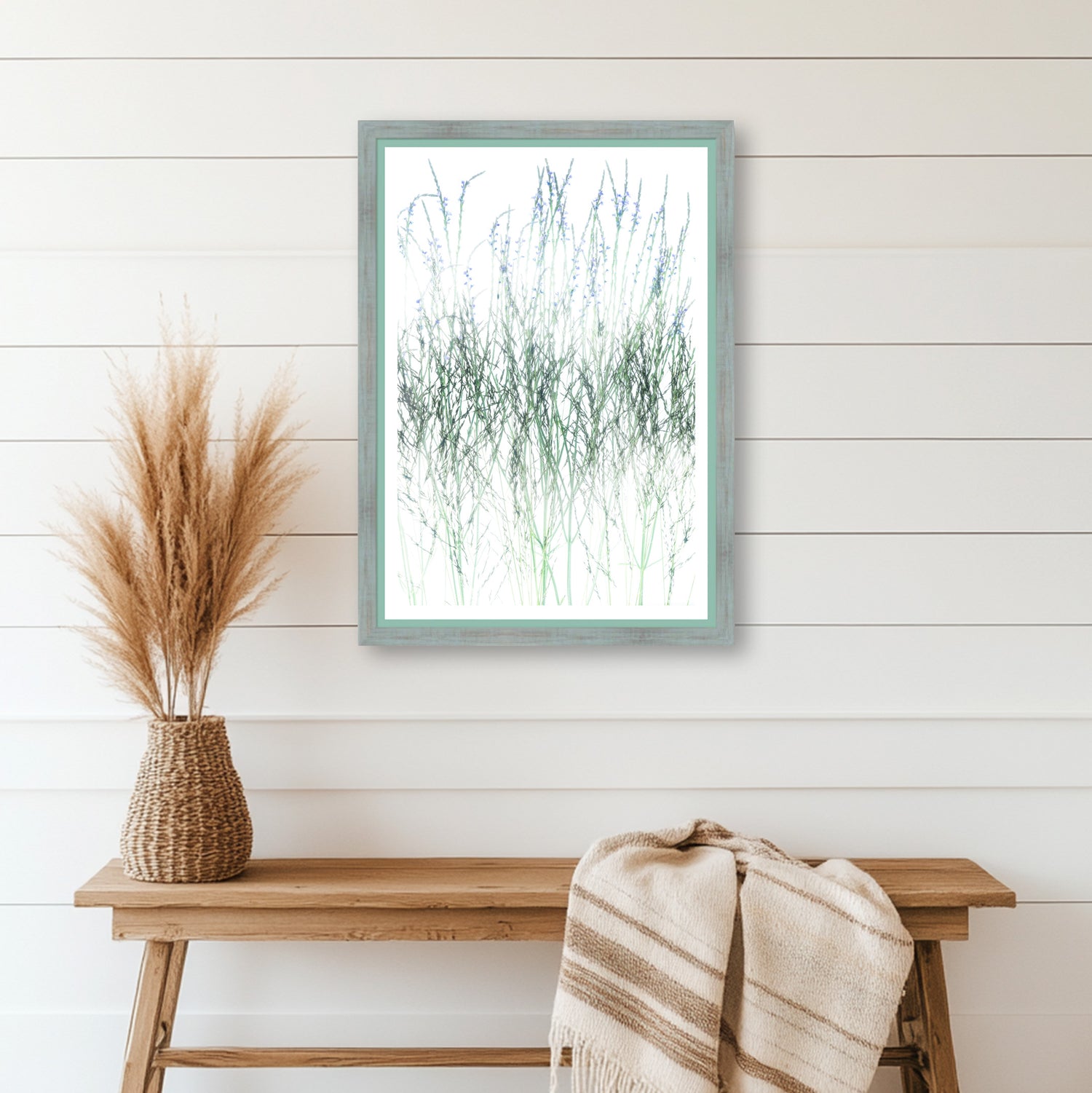 gray frame, green mat. Original high-key photo of wild grasses and soft blue blossoms on white background, matted and framed.