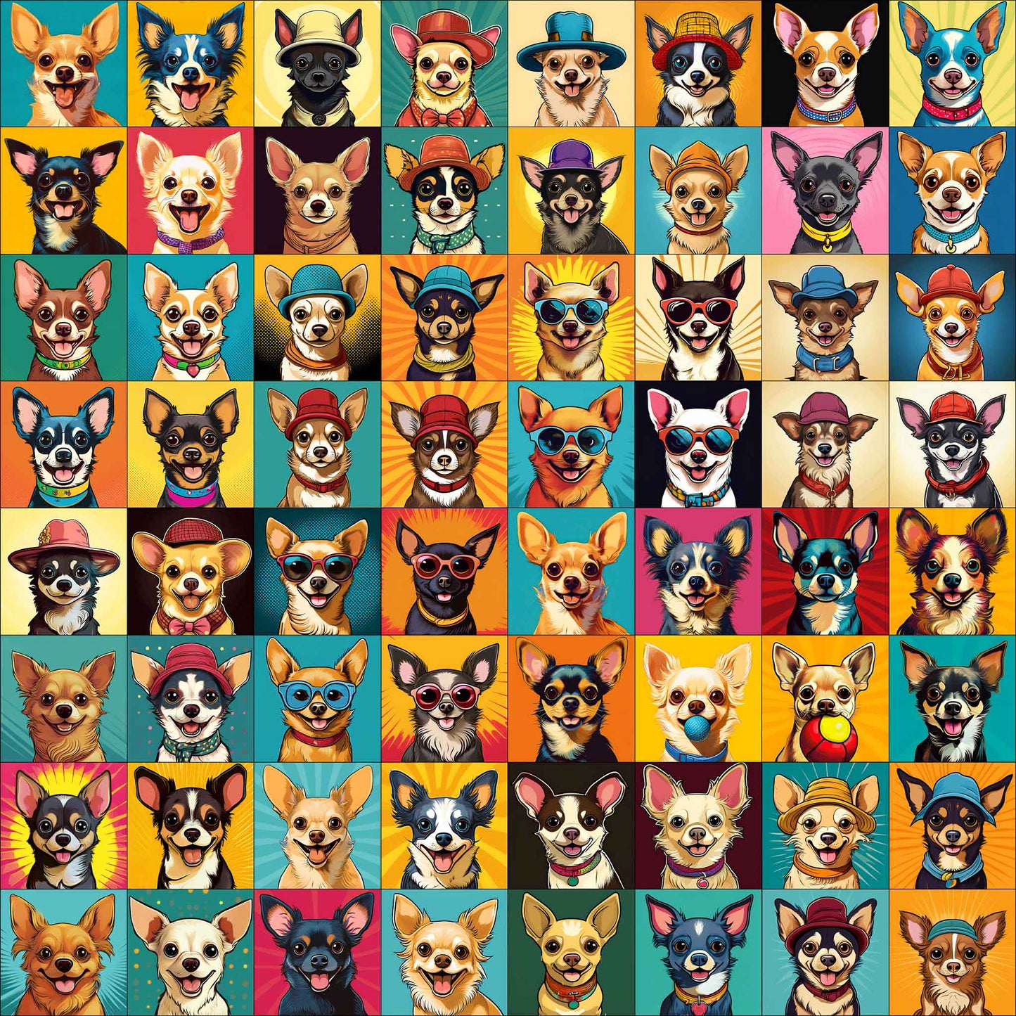 Close up of Chihuahua blanket with colorful illustrated portraits and bold backgrounds