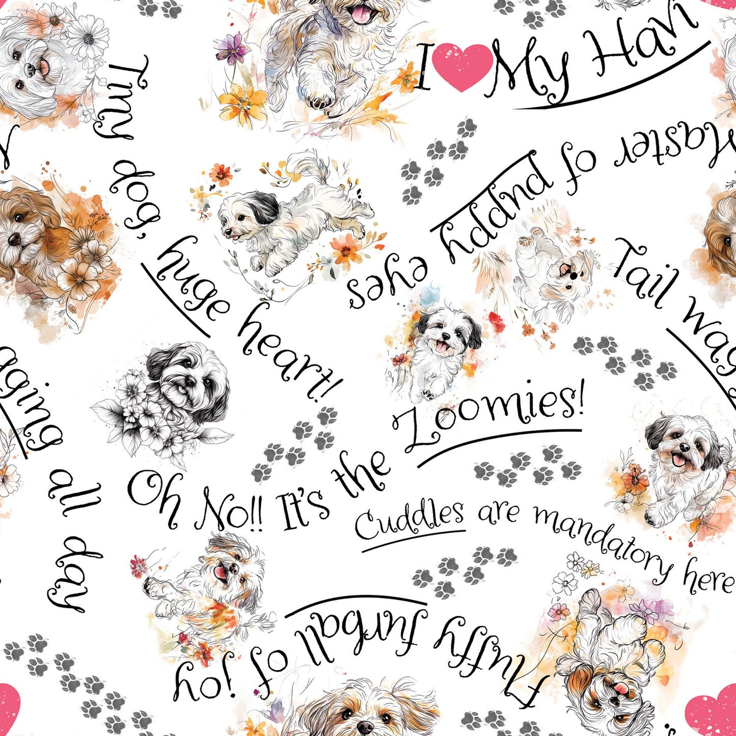 Cozy minky blanket featuring playful Havanese puppies and paw print accents