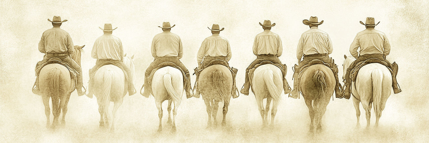 Sepia-toned art print featuring seven cowboys on horseback riding away in unison through a dusty Western town.