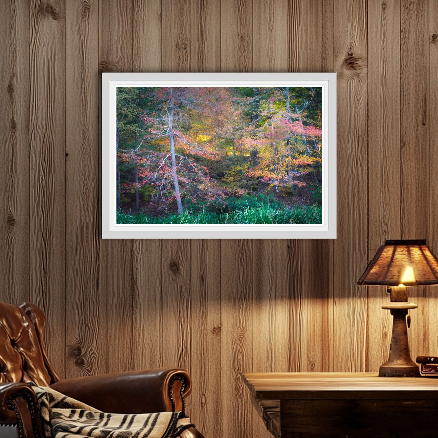 White frame in room, Autumn Light, Vibrant autumn forest with red, orange, and yellow leaves glowing in soft afternoon light, framed fine art nature photograph.