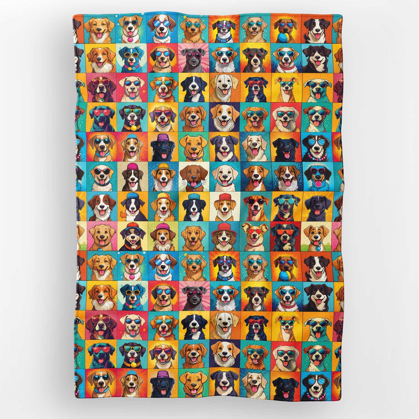 Sherpa fleece throw with colorful squares of happy mixed breed dogs