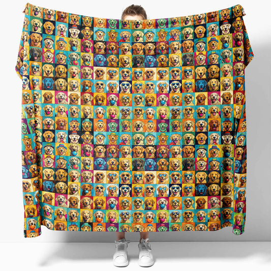 Pop-art style Golden Retrievers with sunglasses, hats, and balls on a cozy fleece throw